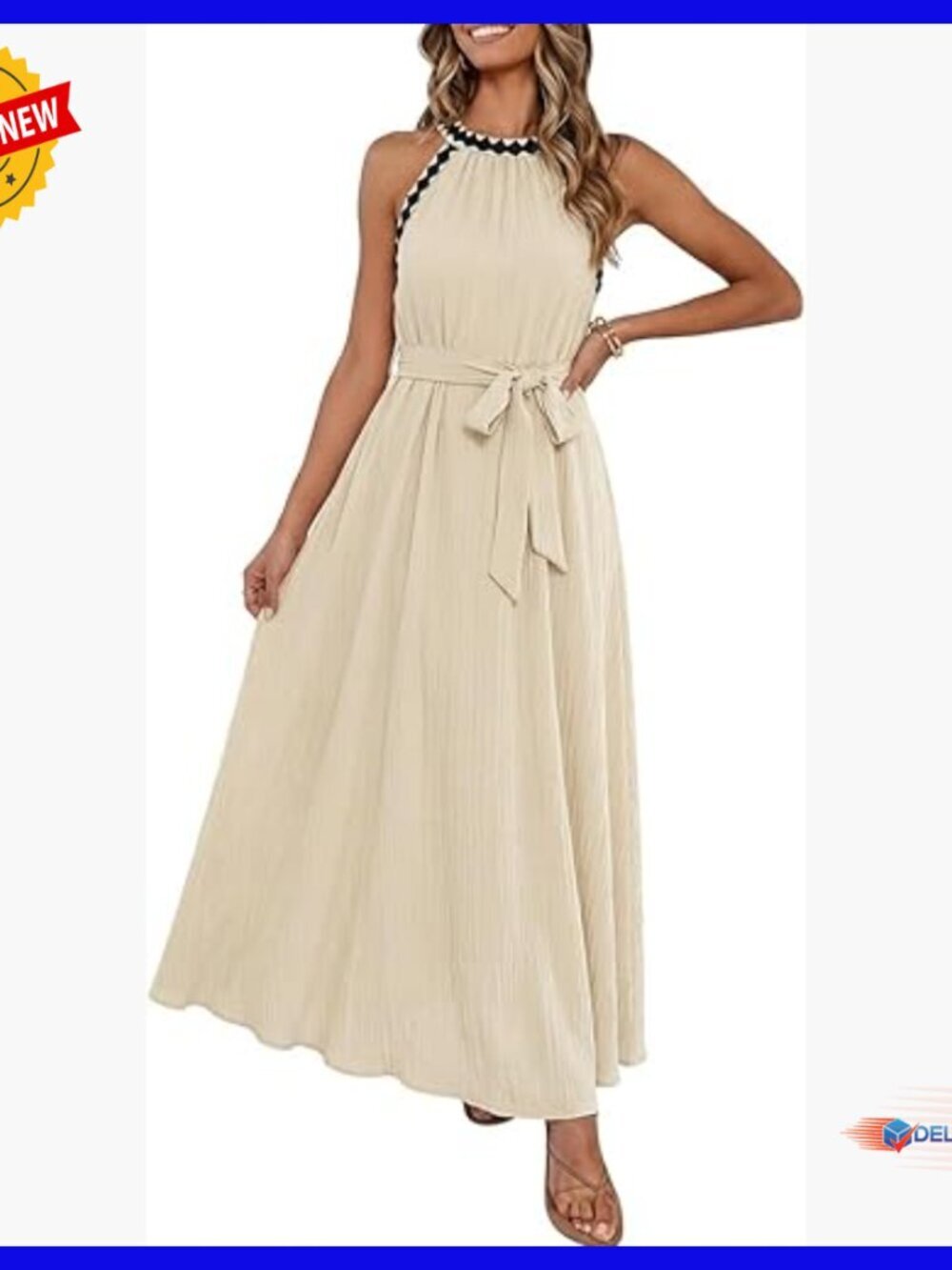 Halter Maxi Dress with Belt, Sleeveless Flowy Formal Summer Dress